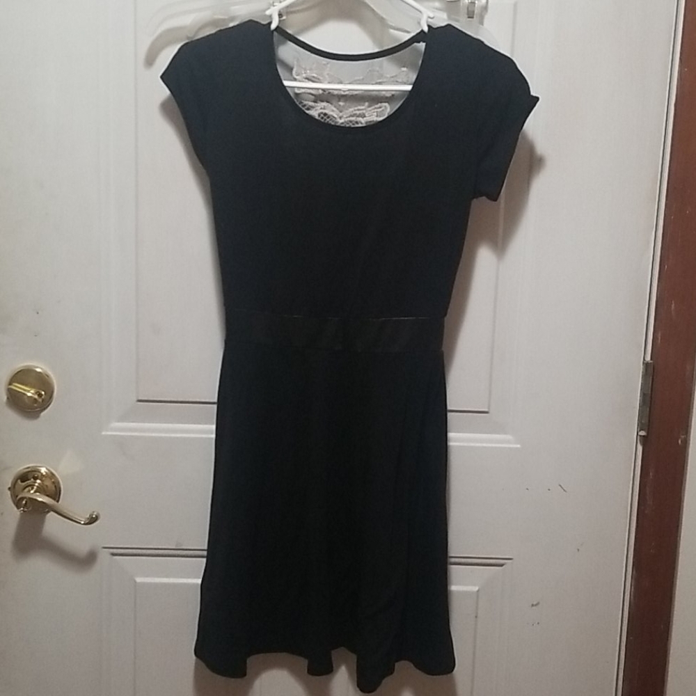 Black skater dress,lace on the back, leather belt